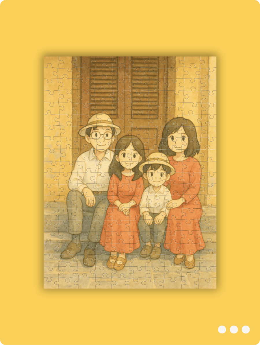 Gedrukt voorbeeld van een puuzl fotopuzzel inspiratie met een voorbeeld van dreamy (after). Afgebeeld zijn een gezin op vakantie op een trap, ze zien er gelukkig uit. Ideaal cadeau voor een familielid voor een verjaardag, kerst, sinterklaas of gewoon zomaar!