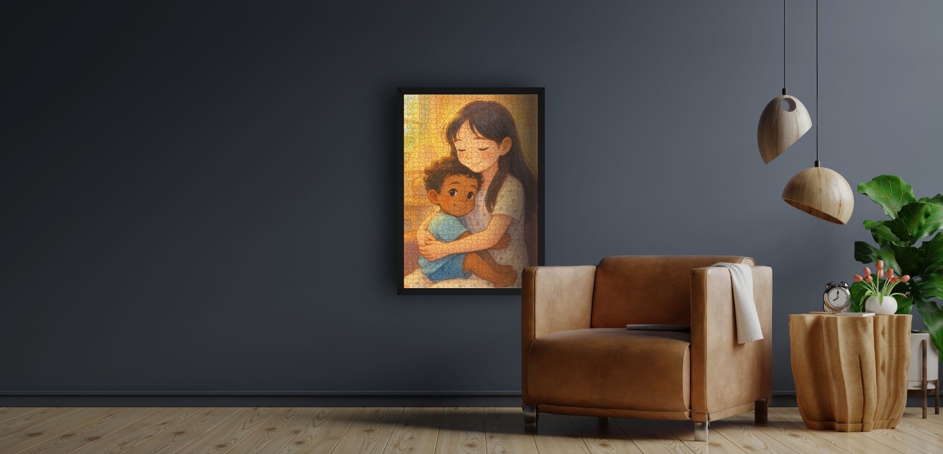 Een prachtige fotopuzzel van puuzl van broertje en zusje in de stijl dreamy. De gemaakte fotopuzzel hangt in een lijst aan de woonkamer muur. Stijlvol en passend bij het interieur, een uniek stukje kunst.
