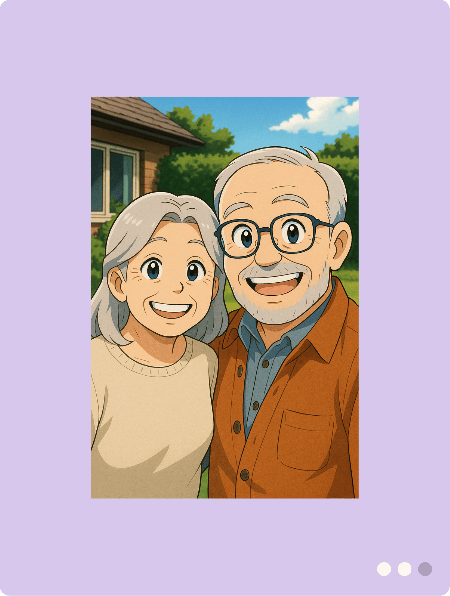 Illustratie na upload van een foto voor op de fotopuzzel in stijl Anime. Te zien is een ouder stel wat een selfie heeft gemaakt in de tuin.