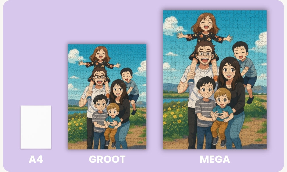 De formaten groot en mega hebben 1000 en 1500 puzzelstukjes. De maten zijn goed te zien op de foto in vergelijking met een A4 papiertje ter referentie. Ideaal voor de puzzelfanaten, als cadeau of verwen moment voor jezelf.
