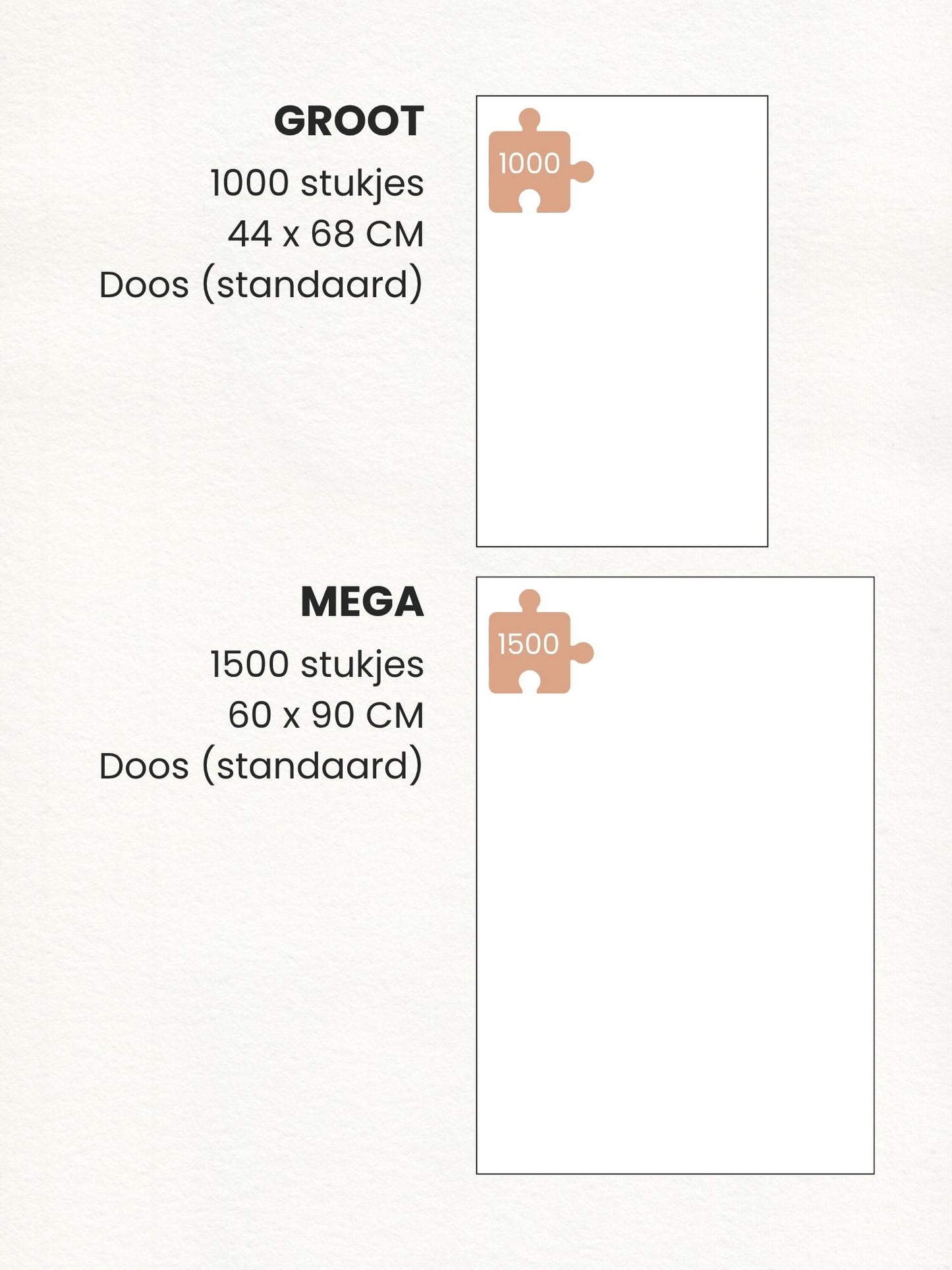 Formaten en afmeting van de fotopuzzels van puuzl. Groot (1000 stukjes) en mega (1500 stukjes).