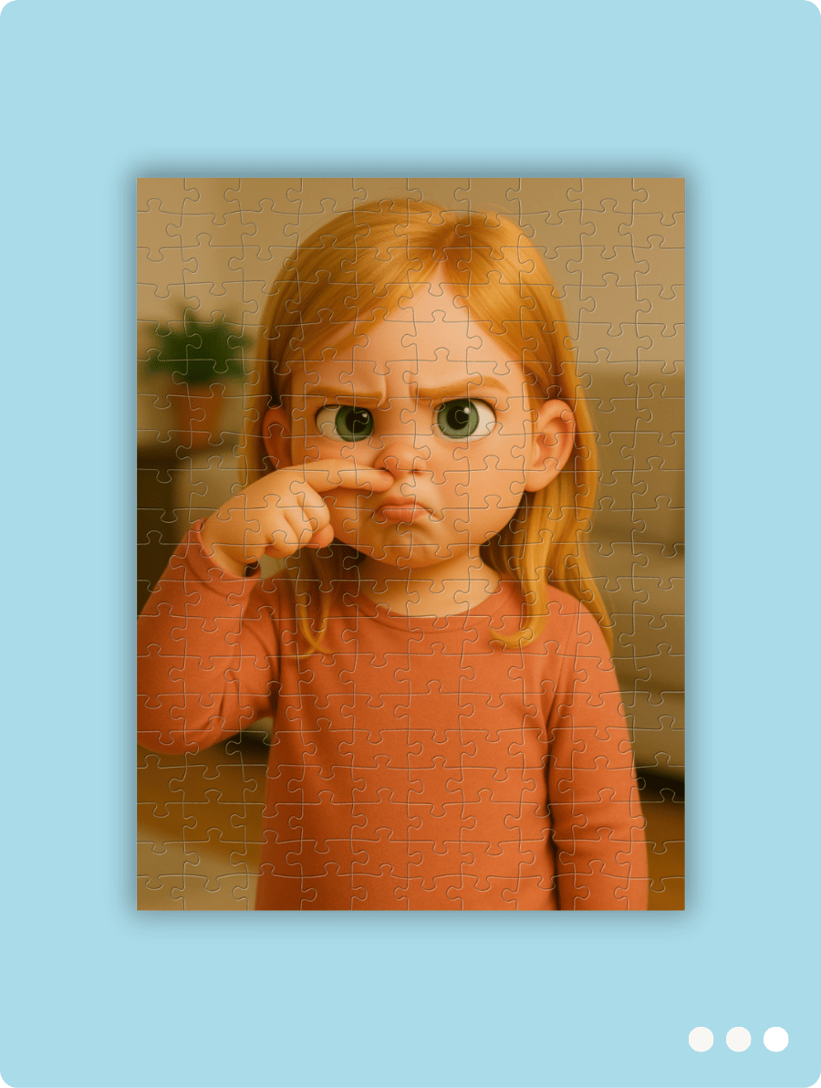 Gedrukte fotopuzzel in cartoon stijl (final after). Schattig kind wat boos kijkt maar erg fotogeniek is. Ideaal als cadeau aan kind of ouder. Geschikt voor origineel verjaardagscadeau, kerst of sinterklaas.