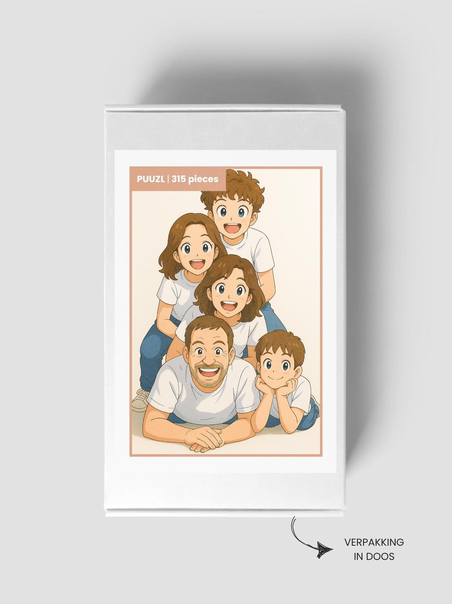 Anime stijl fotopuzzel gemaakt door puuzl. Een unieke illustratie gebaseerd op jouw foto. Verpakt in klassieke puzzeldoos van formaat middel, 315 puzzelstukjes.