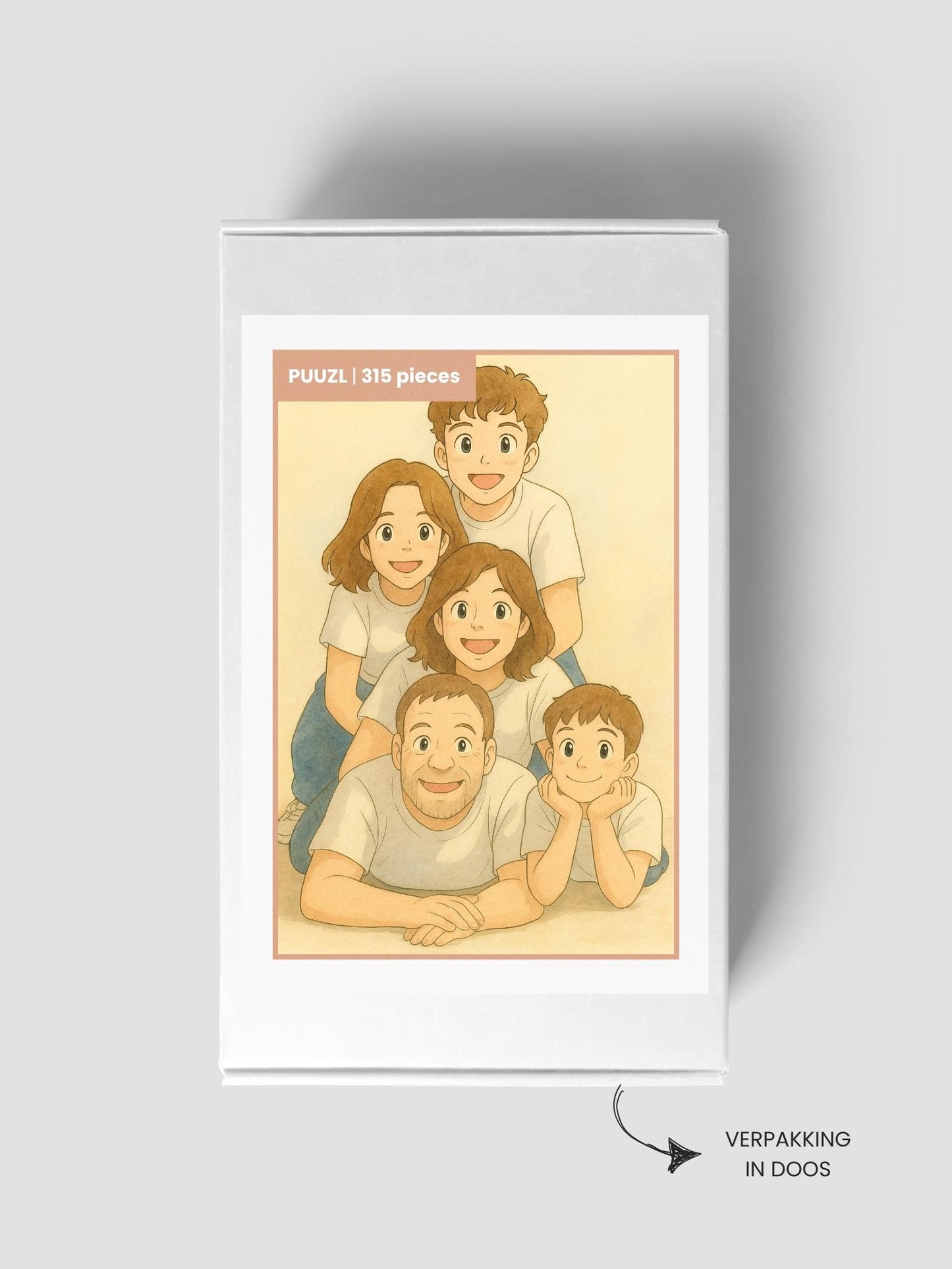 Fotopuzzel verpakt in puzzeldoos. Handig om op te bergen of cadeau te geven. Illustratie gemaakt in de stijl Dreamy door puuzl met jouw mooiste foto. Leuk voor het gezin of als cadeau voor een ander.