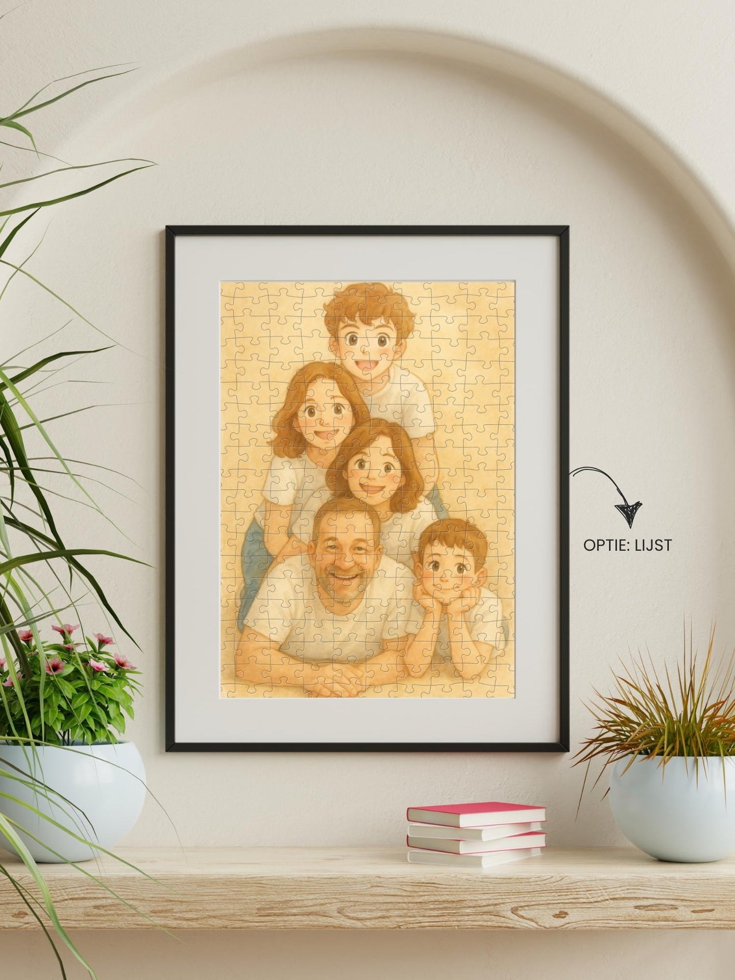 Puzzel met familiefoto, trouwfoto of babyfoto aan de muur met puuzl. Unieke fotopuzzels in speciale stijlen zoals nostalgia in dit voorbeeld.