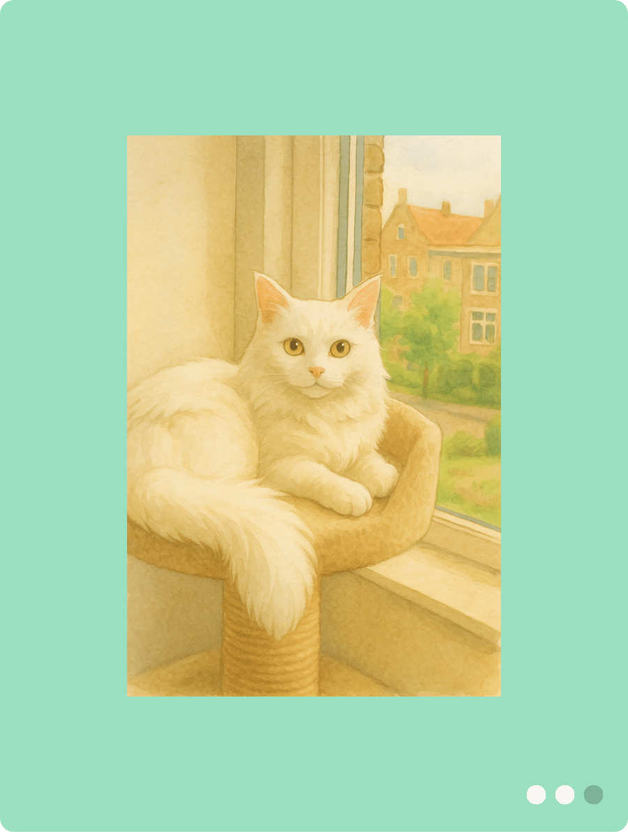 puuzl fotopuzzel inspiratie met een voorbeeld van nostalgia (after). Een illustratie in nostalgia stijl van een kat in de slaapkamer, elegant in de krabpaal.