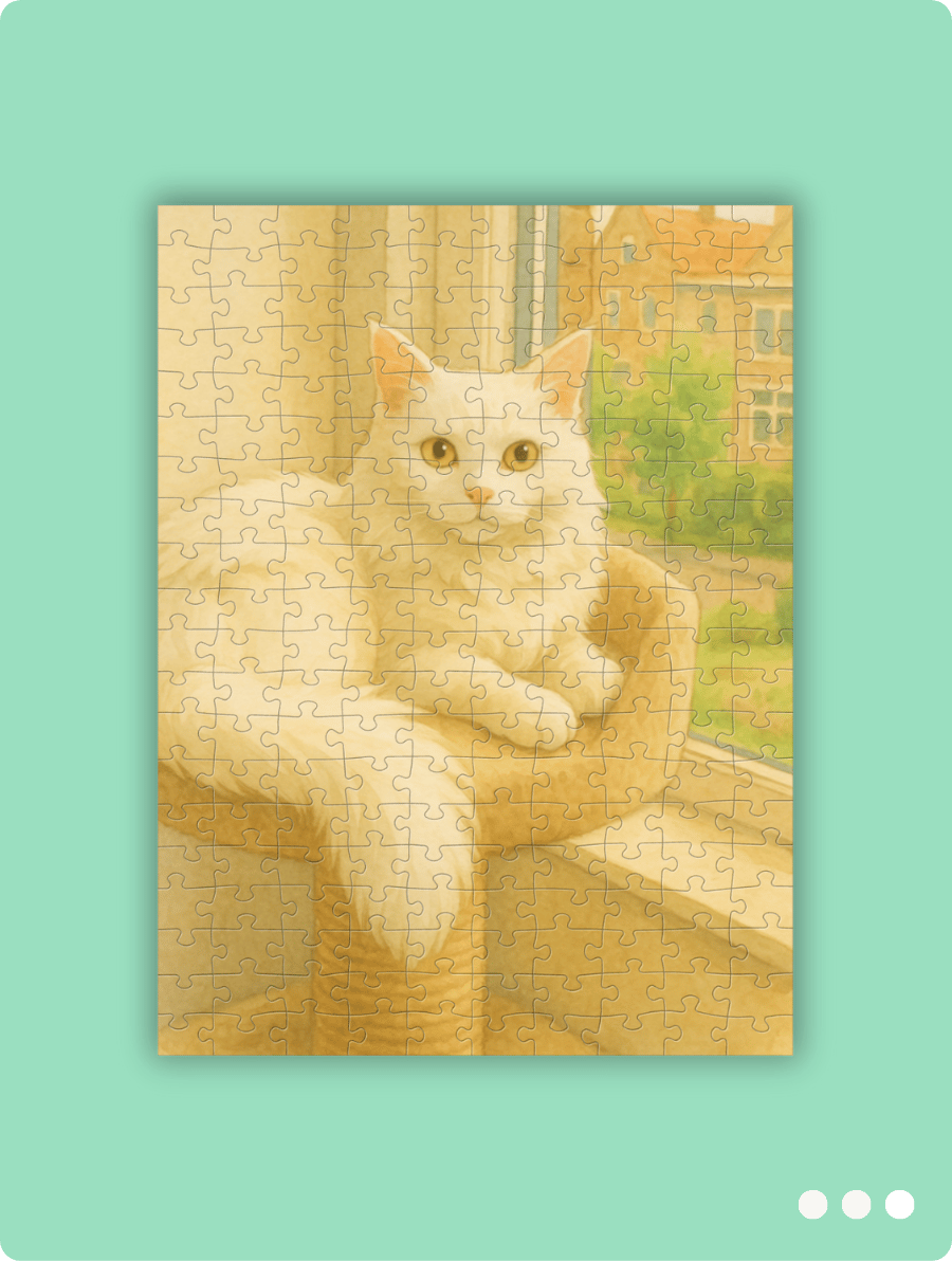 Gedrukte fotopuzzel inspiratie met een voorbeeld van stijl nostalgia (definitief after). Een illustratie in nostalgia stijl van een kat in de slaapkamer, elegant in de krabpaal.