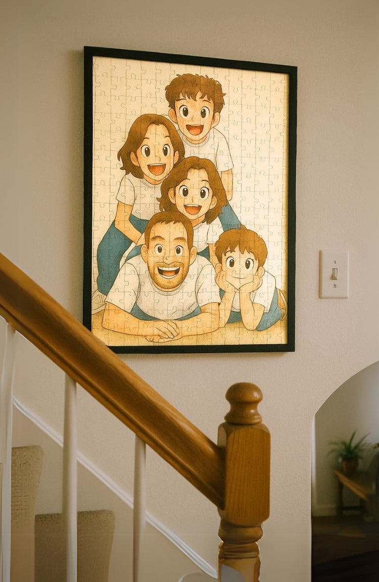 Fotopuzzel in uniek thema Anime aan de muur in een lijst.