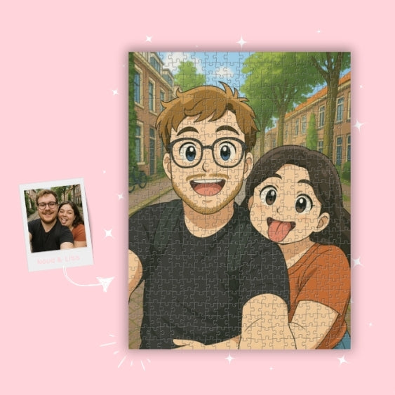 Ideaal cadeau voor je liefje, een fotopuzzel in Anime stijl. Uniek en bedachtzaam gebaar met een illustratie van hem, haar of jullie samen.