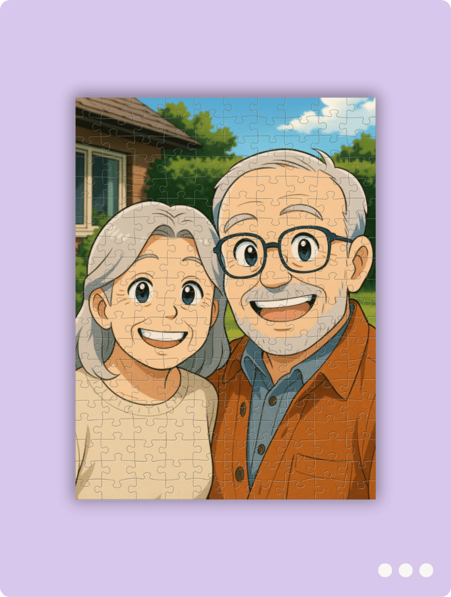 Een unieke fotopuzzel in Anime stijl, gemaakt door puuzl. Een vrolijk ouderlijk stel in de tuin die een selfie hebben gemaakt. Een cadeau van hun kinderen voor moederdag.