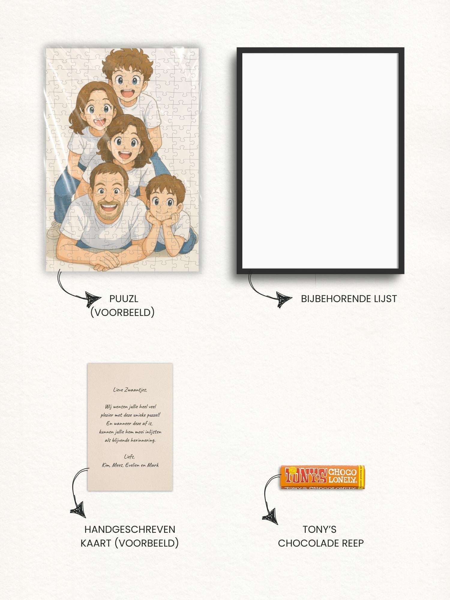 Familiepuzzel als cadeau voor vrienden en familie. Een fotopuzzel van jouw mooiste foto. Kies een stijl en puuzl maakt er een unieke illustratie van. Makkelijk om te geven of direct op te laten sturen. Snel verzonden zonder gedoe. 