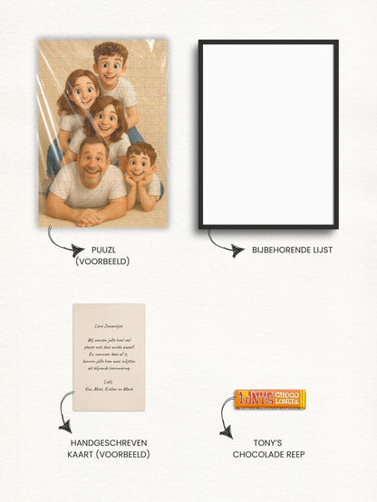 Cartoon puzzel voor familie, vrienden of kinderen. Leuke bezigheid en speciale herinnering. Absolute een verassing voor de ontvanger. Een puzzel met eigen foto voor een speciaal cadeau met kerst, sinterklaas, verjaardag of zomaar.