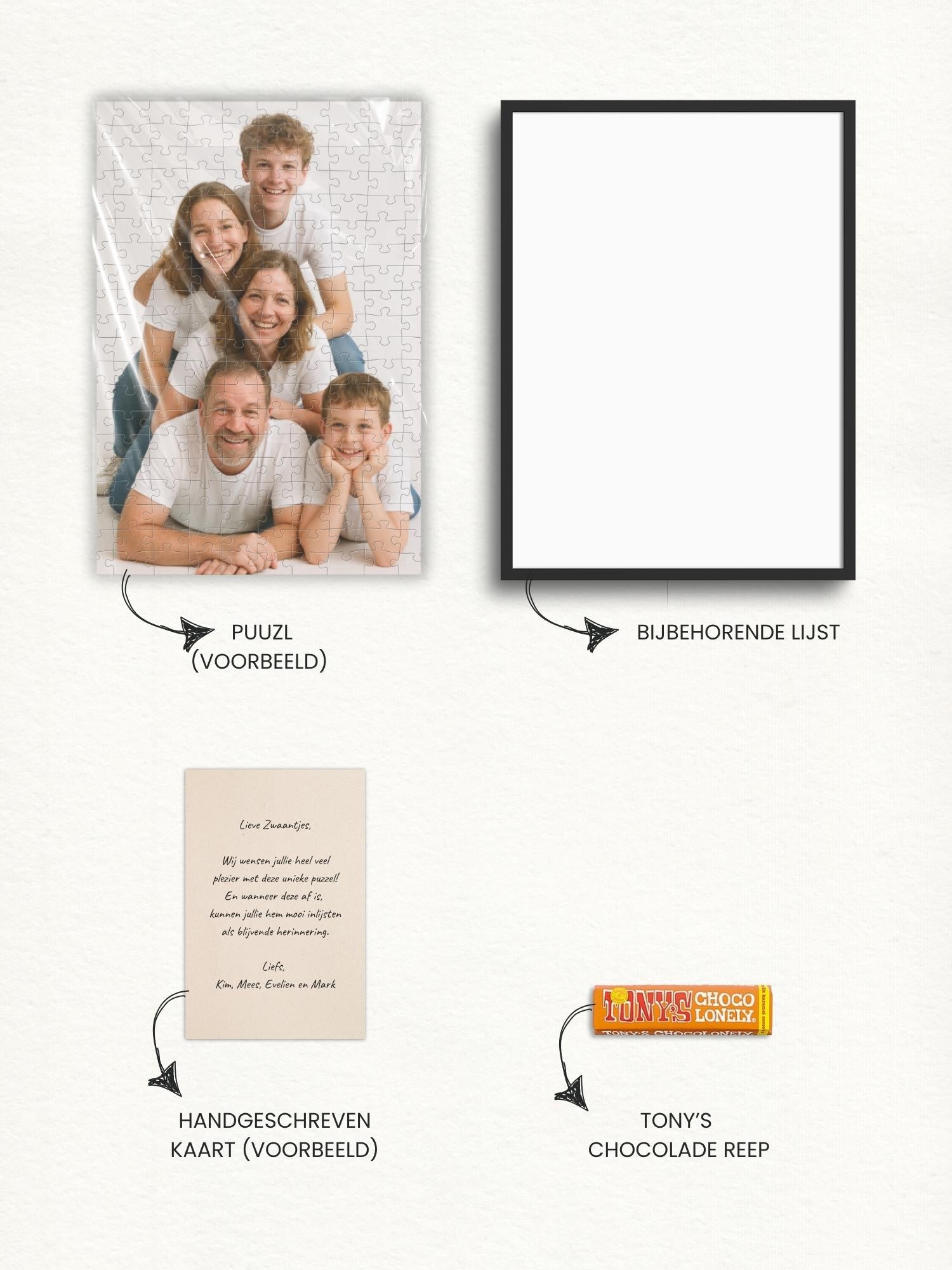 Cadeauset overzicht van wat je krijgt van puuzl. Een fotopuzzel met eigen foto, handgeschreven kaart (door een echt persoon met mooi handschrift), puzzellijst om de puzzel mee op te hangen en een heerlijke tony's chocolonely chocoladereep. Zelf geven of direct opsturen beide mogelijk en snel geregeld.