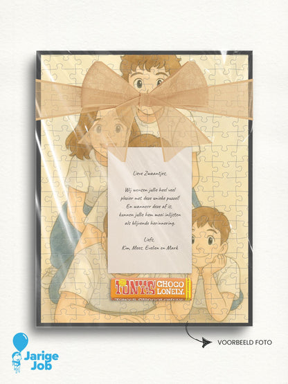 Cadeauset in Dreamy stijl van puuzl. Inbegrepen zijn een fotopuzzel gemaakt met jouw foto in de gekozen stijl, lijst, kaart 