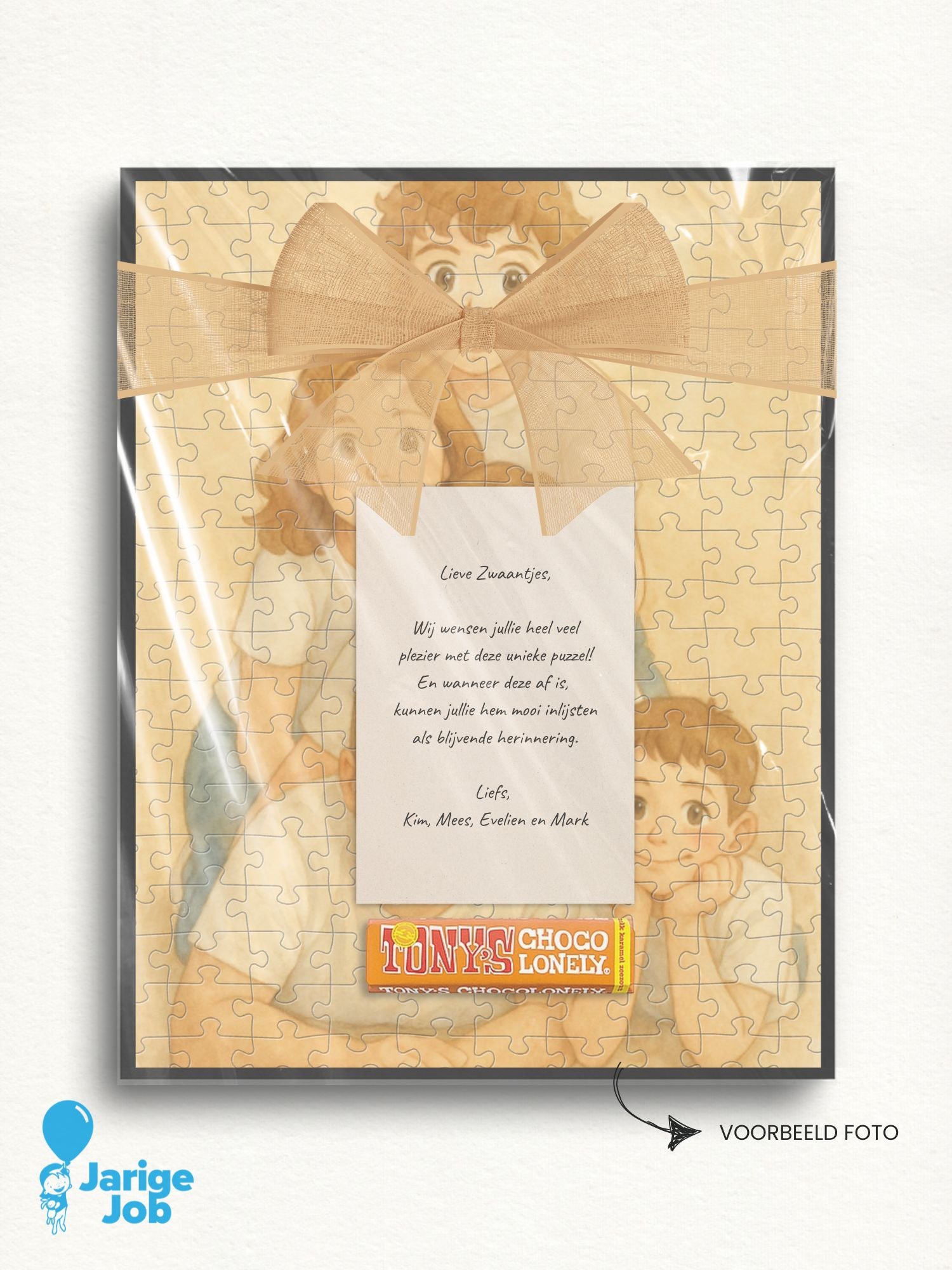 Cadeauset van puuzl inclusief fotopuzzel met jouw foto (stijl dreamy), lijst voor de fotopuzzel, kaart met jouw boodschap of tekst en een chocolade reep van Tony's.