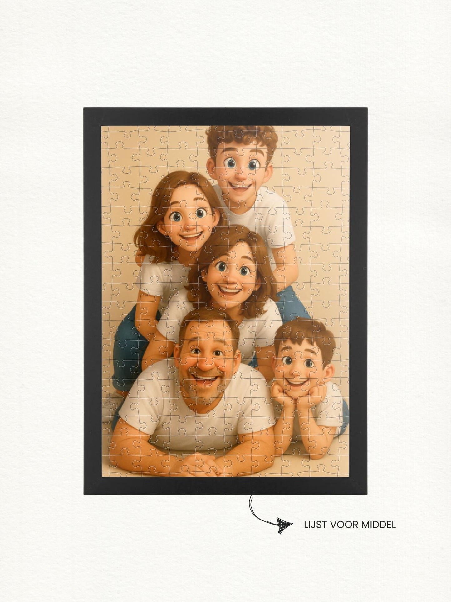 Fotopuzzel in middel (315 puzzelstukjes) lijst. Mooi formaat om aan de muur te hangen. In stijl Cartoon van puuzl met jouw foto. Leuk cadeau voor elke gelegeheid.
