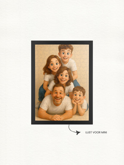 Voorbeeld van een fotopuzzel van puuzl in een mini lijst. Ideaal als cadeau, leuk om op te hangen aan de muur als decoratie. Illustratie van jouw foto in Cartoon stijl door puuzl,
