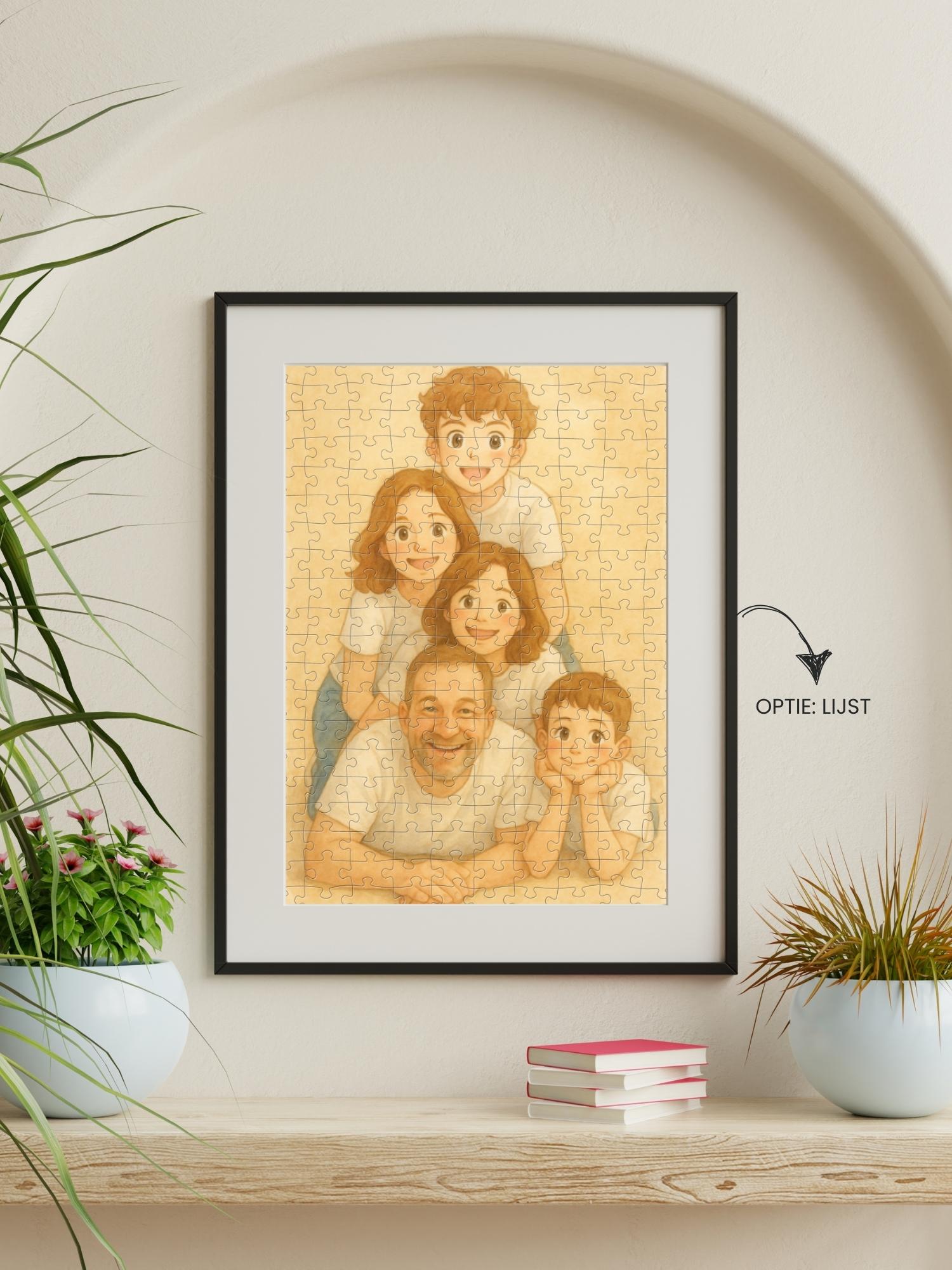 Puzzel met familiefoto, trouwfoto of babyfoto aan de muur met puuzl. Unieke fotopuzzels in speciale stijlen zoals nostalgia in dit voorbeeld.