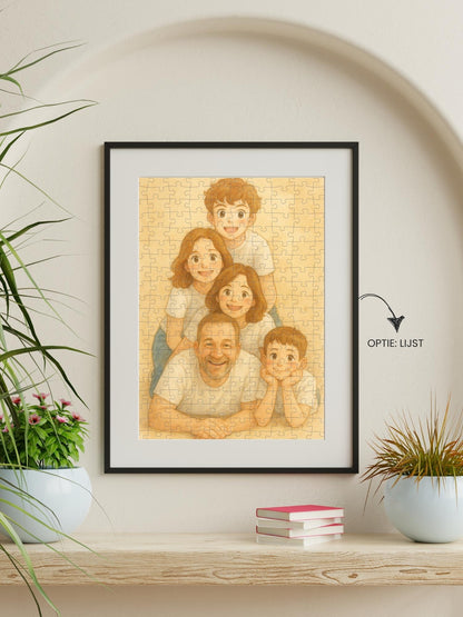 Puzzel met familiefoto, trouwfoto of babyfoto aan de muur met puuzl. Unieke fotopuzzels in speciale stijlen zoals nostalgia in dit voorbeeld.