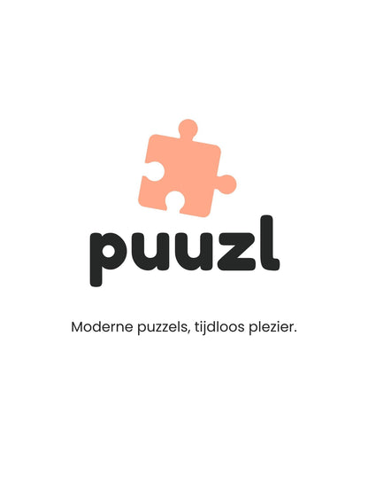 Het logo van puuzl met slogan: Moderne puzzels, tijdloos plezier. Unieke fotopuzzels in speciale stijlen gemaakt door puuzl voor jou.