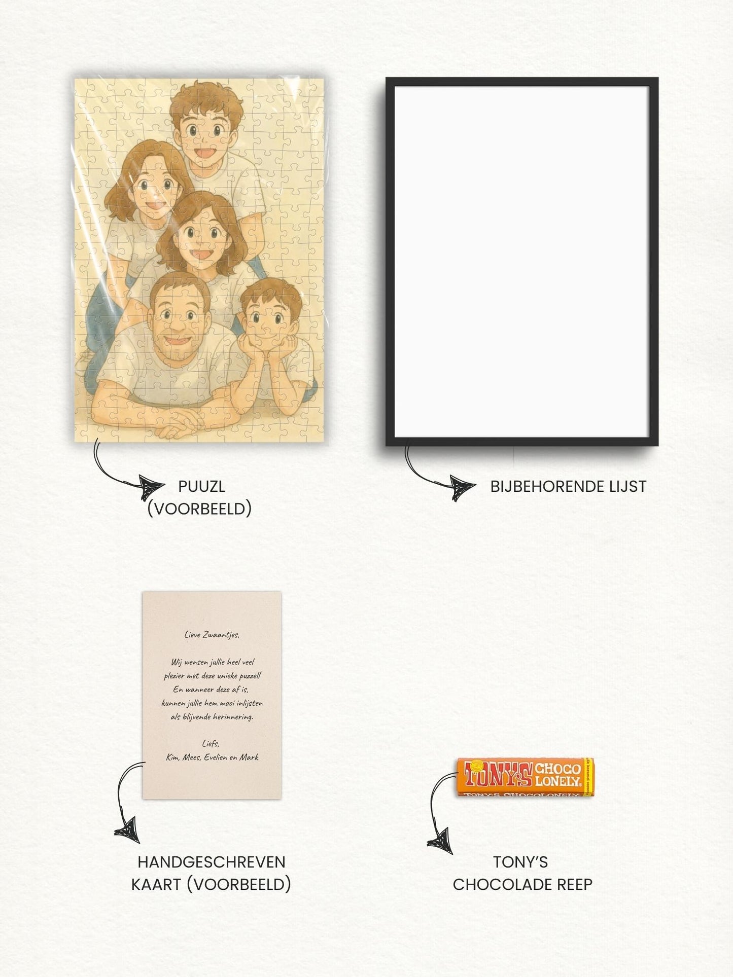 Dit zit er allemaal inbegrepen in de puuzl cadeauset. Fotopuzzel met unieke illustratie, lijst, handgeschreven kaart en chocoladereep. In gekozen stijl Dreamy (zacht en pastelkleuren).