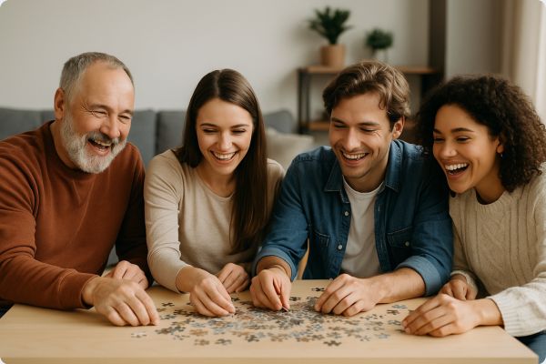 Gezin of vrienden puzzelen samen aan een persoonlijke fotopuzzel van puuzl